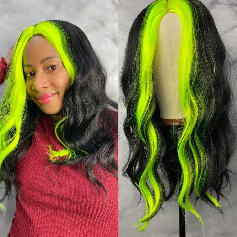 Short Bob Neon Green Black Wig